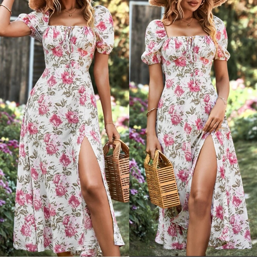 Boho Floral Print Puff Short Sleeve Midi Dress Cottagecore - Picture 1 of 4